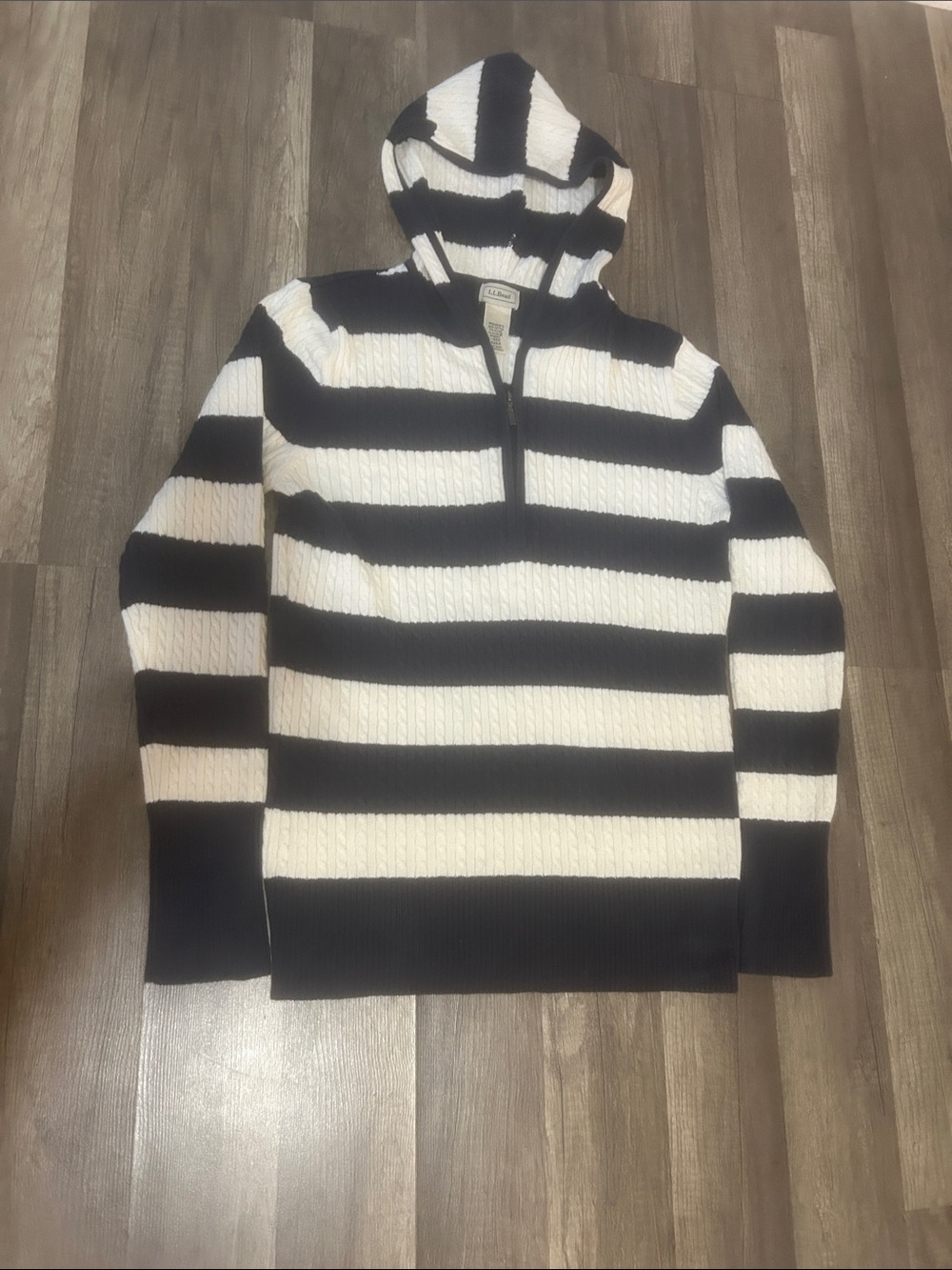 L.L. Bean Women’s Sweater Navy & White Striped Hooded Half-Zip